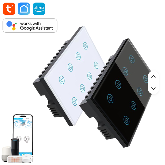 کلید هوشمند 8 پل وایفای تویا wifi tuya کلید هوشمند هشت پل صفحه شیشه ای با قوطی استاندارد نصب