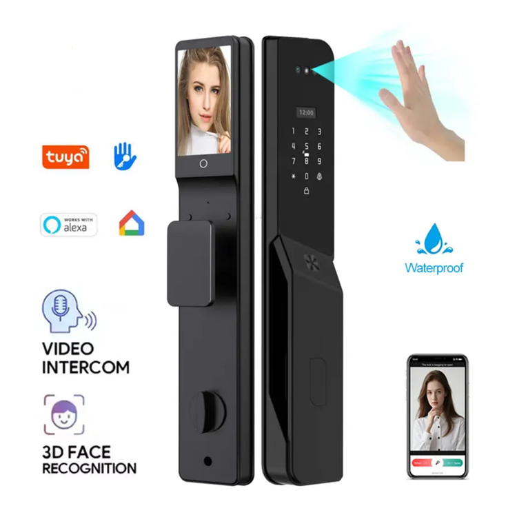 دستگیره هوشمند ضدآب با تشخیص چهره اسکن کف دست وایفای تویا wifi tuya قفل هوشمند بدنه کامل فلزی زینک